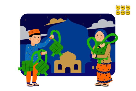 Couple Holding Ketupat Food Illustration for Web and Editorial Use