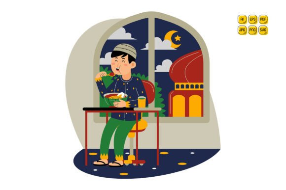 Man Eating Food at Night Near Mosque Illustration
