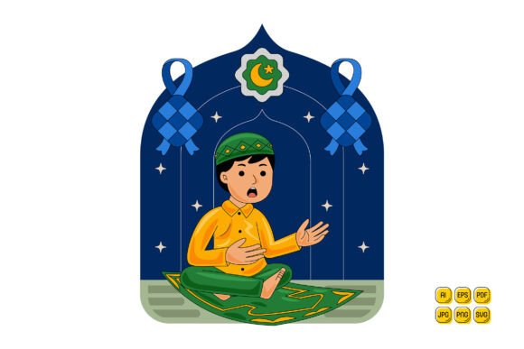 Man Reading Quran on Prayer Mat Graphics