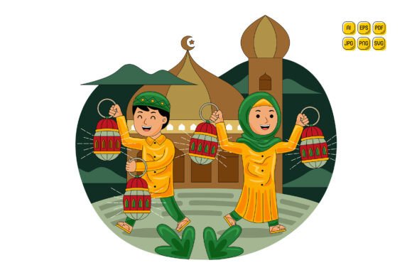 Muslim Couple Holding Ramadan Lantern Graphics