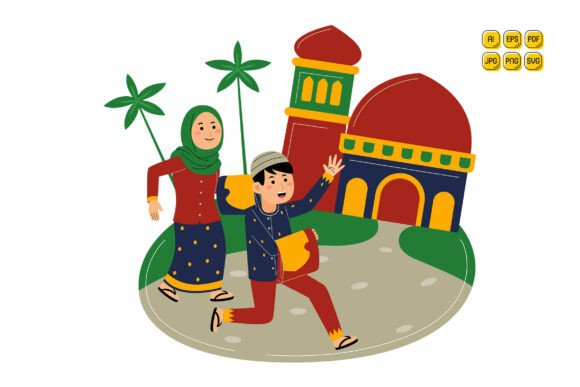 Muslim Couple Walking Near Mosque Illustration