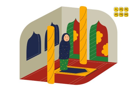 Muslim Woman Praying in Mosque Illustration