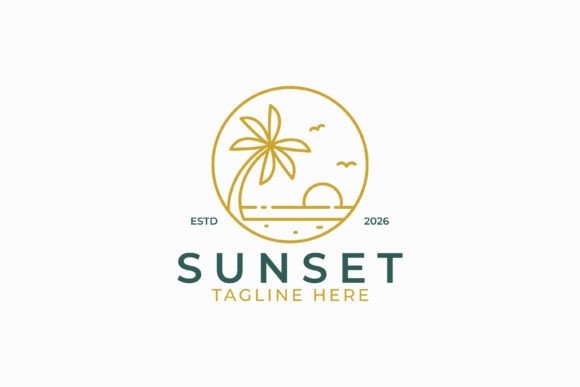 Sunset Beach Line Art Logo Design for Local Business Branding