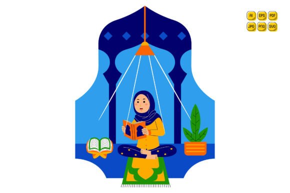 Woman Reading Quran in Mosque Illustration for Graphics